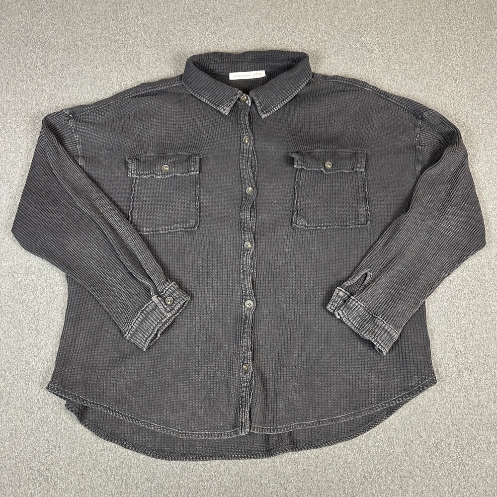 Altar'd State Waffle Knit Button Up Shirt Womens XL Gray Acid Wash Thermal Top